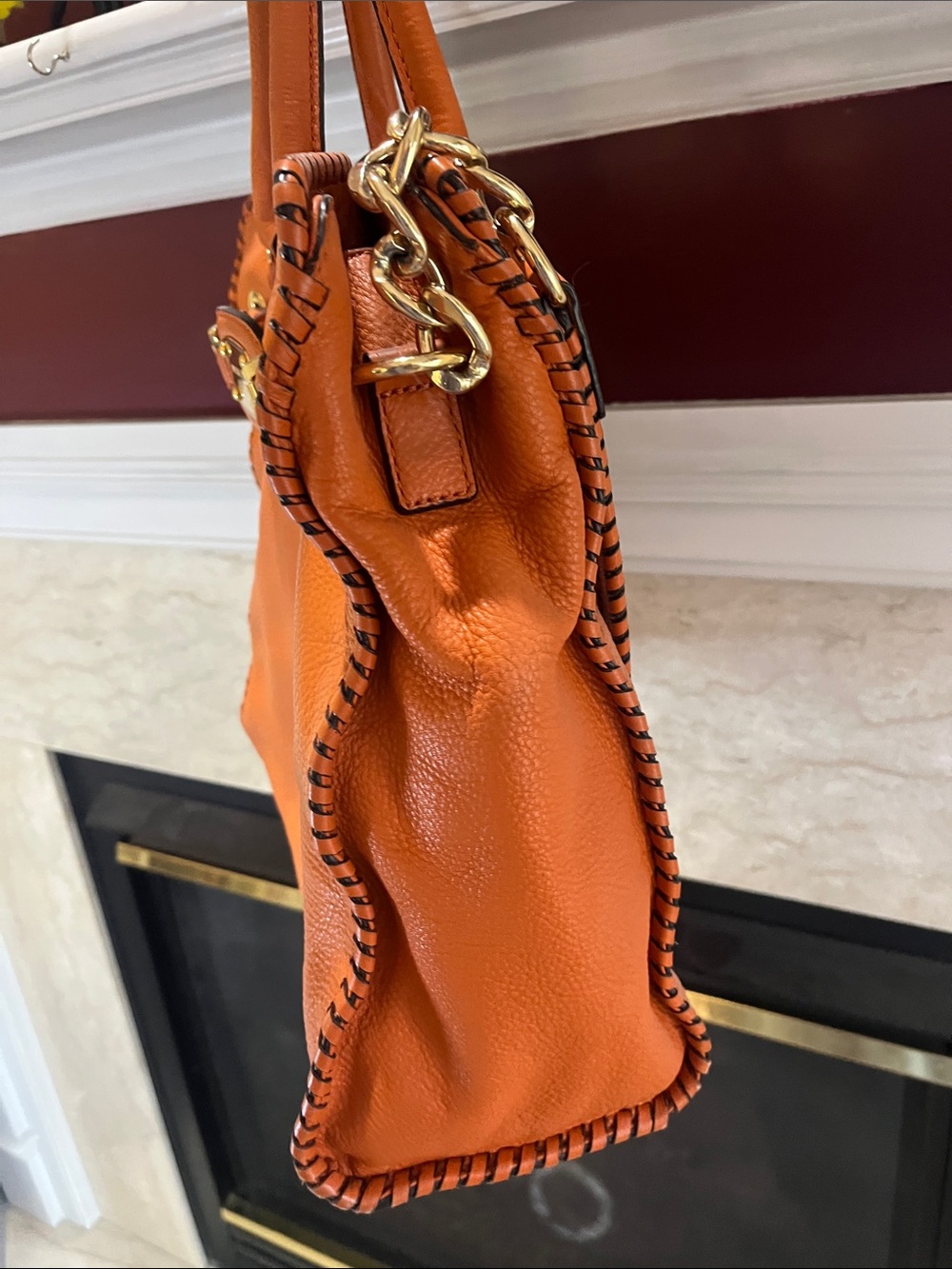 Michael Kors Orange Soft Pebbled Leather Hamilton Tote with Whipstitch Trim - Picture 8 of 11